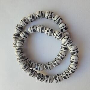 Two Bracelets White Skull Resin Stretch Gothic Skeleton Beaded Halloween Jewelry